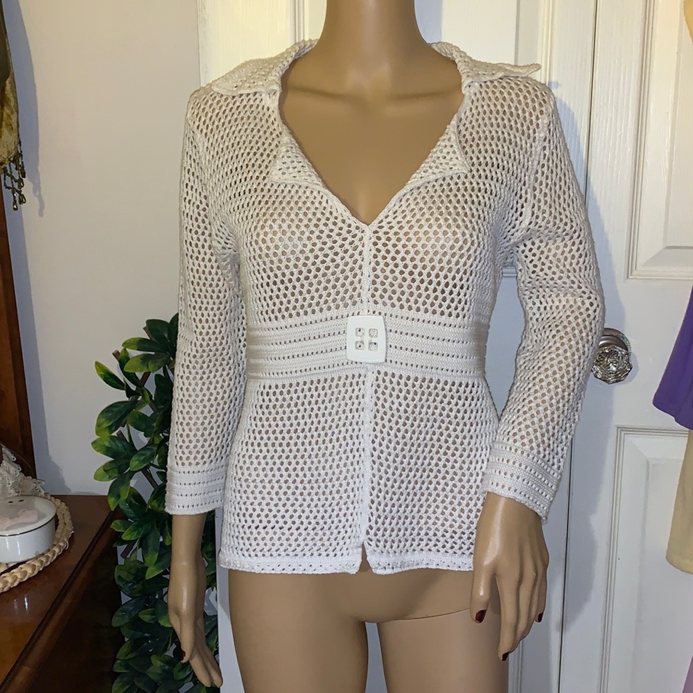 Vtg 90s WHITE Knit crochet 60s style mod style sweater pullover tunic top M